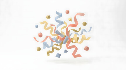 Fototapeta premium Floating 3d geometric shapes and colorful ribbons scattered in the air on a plain white studio background surface