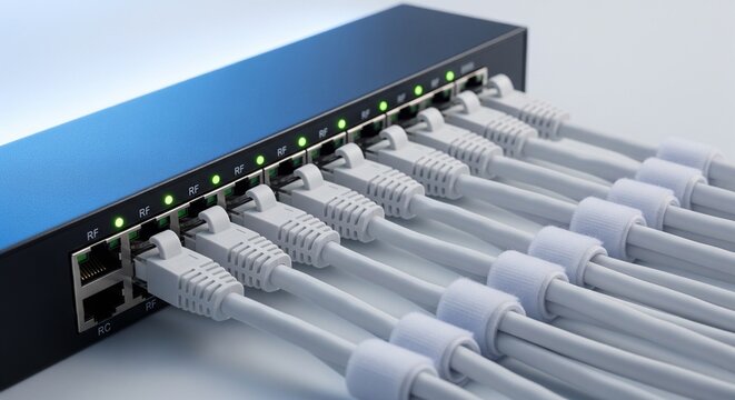A close-up shot of white ethernet network cables plugged into a blue network switch with glowing green LED status lights
