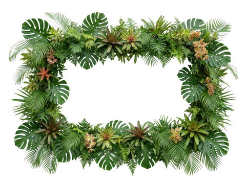 Tropical leaves, bromeliads and orchids frame isolated on transparent background