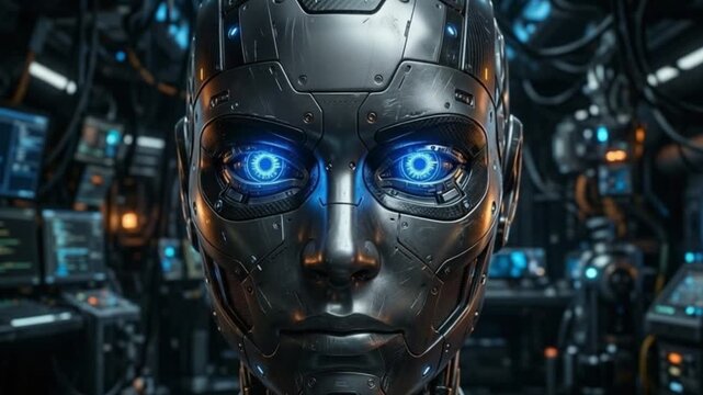 A futuristic robotic head with glowing blue eyes and blinking eyes in a dark technological environment with wires and screens