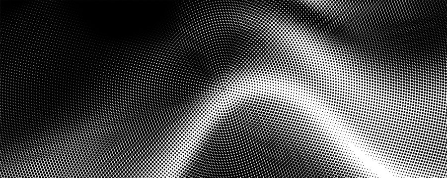 Dotted halftone waves. Abstract liquid shapes, wave effect dotted gradient texture waves isolated vector symbols set. Halftone graphic dots waves.
