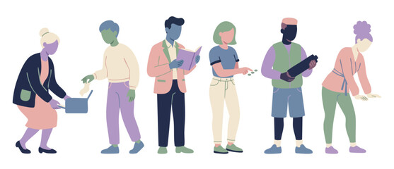 Fototapeta premium Diverse Group People Activities Flat Vector Illustration Set. Multi-ethnic characters reading, shopping, and working in modern minimalist style for corporate infographics, community, and social concep