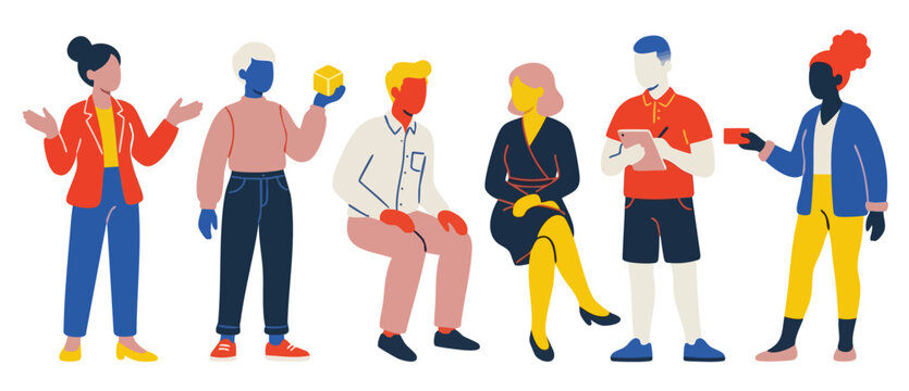 Diverse Business People Flat Illustration Set, Professional Office Team Members Standing and Sitting Working Together, Minimalist Corporate Vector Characters for Website UI Design and Presentation Inf