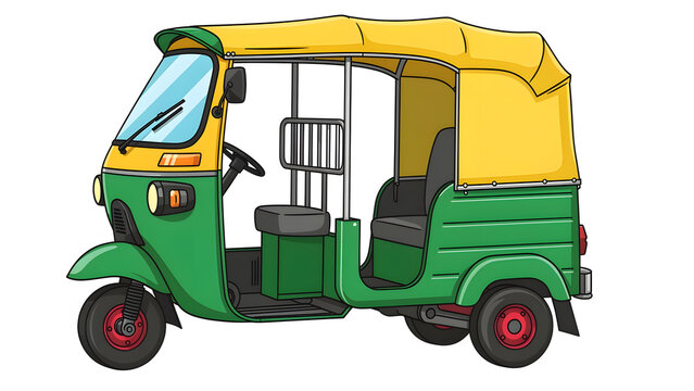 Colorful auto rickshaw illustration with a green and yellow design transportation vehicle on white background