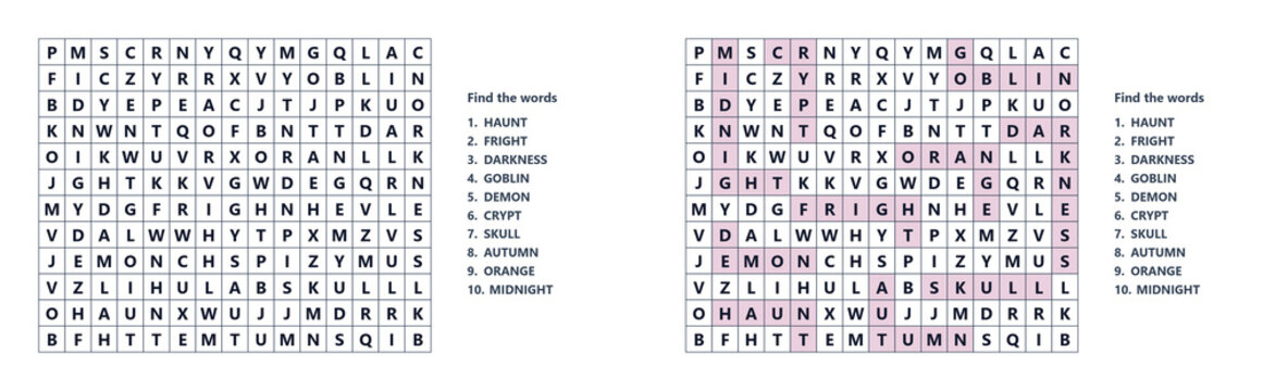 Word search puzzle with highlighted words and solution grid  