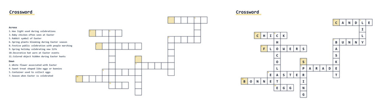 Crossword puzzle template with clues and empty grid for players  