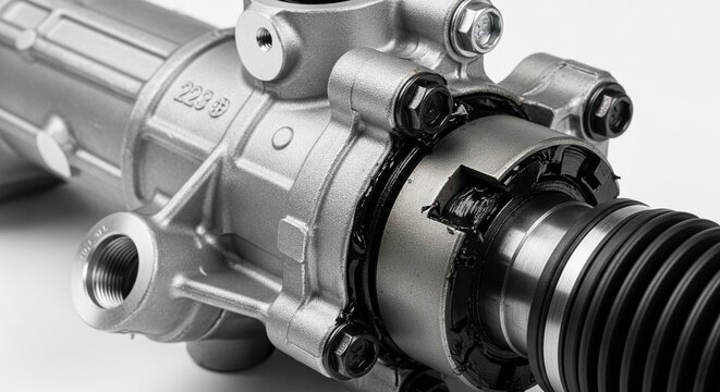 Metal steering rack component with black rubber boot close up
