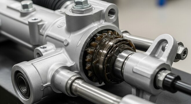 Close up of a car steering rack gear assembly part