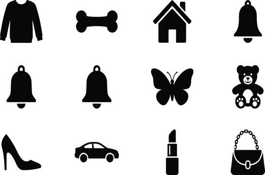 Twelve black silhouette icons in a 3x4 grid, featuring a sweater, bone, house, bell, butterfly, teddy bear, high-heeled shoe, car, lipstick, and handbag