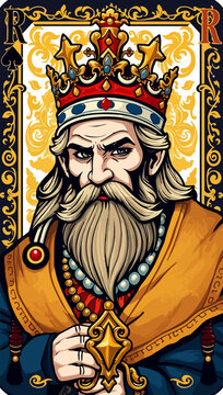 Vintage King of Spades Playing Card Vector Illustration with Royal Crown, Beard Portrait, Casino Poker Design on White Background
