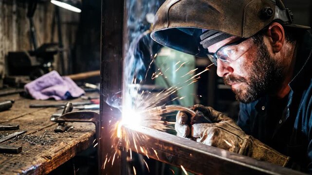 Tracking shot of welder welding steel frame with torch and sparks at workbench inside industrial workshop