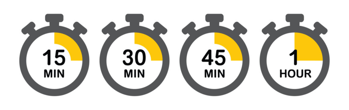 Timer icons illustration set, generic stopwatch countdown quick time and speed measurement symbols for interface design.