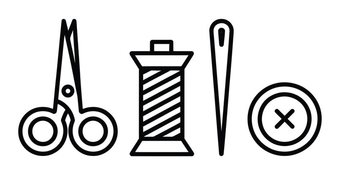 Sewing tools line art icons set, generic scissors thread spool needle and button elements for tailoring and handmade design.