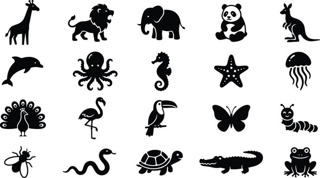 Wildlife animals illustration with giraffe, lion, elephant, panda, kangaroo, dolphin, octopus, seahorse, starfish, jellyfish, peacock, flamingo, toucan, butterfly, caterpillar, bee, snake, turtle, cro