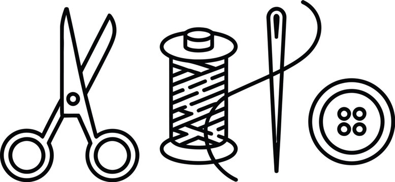 Sewing tools line art illustration set, generic scissors thread spool needle and button elements for tailoring and craft design.