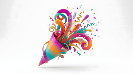 Obraz premium Party cone exploding with colorful ribbons and confetti on a white background for festive celebration and event themes