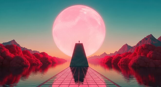 Futuristic digital art of a lone figure on a monumental structure, gazing at a huge glowing pink moon over a surreal alien landscape with red trees and water reflections.