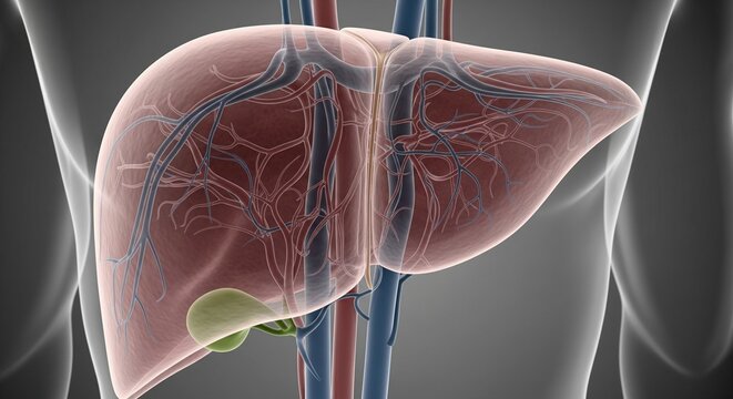 A close-up medical illustration of the human liver and a prominent green gallbladder, showing detailed red and blue blood vessels on a dark background.