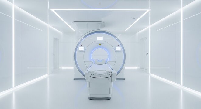 A modern, clean, and completely white hospital room featuring a high-tech MRI machine or CT scanner in the center with bright LED lighting panels.