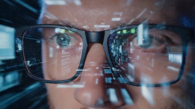 Closeup of a man wearing glasses with digital data reflected in the lenses.