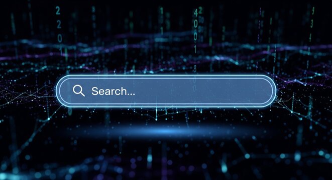 A glowing blue internet search bar with a magnifying glass icon floating over a dark background filled with vertical glowing binary code numbers and digital waves