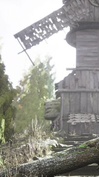 A wooden windmill is situated in a rural area surrounded by tall trees. Sunlight shines down, creating shadows. Nature grows around the windmill, showing signs of age.