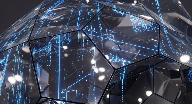 A close-up of a glossy, geodesic dome sphere covered in glowing blue digital circuit patterns and electronic schematic lines