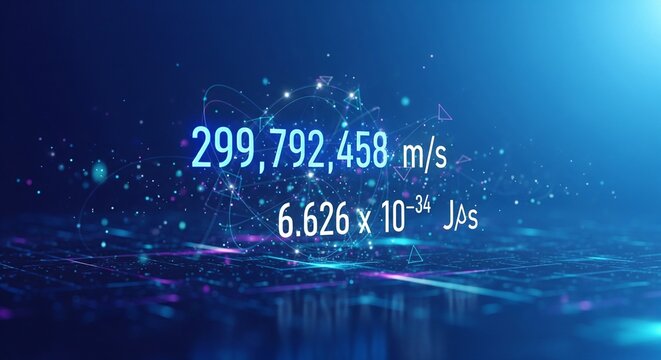 A digital sci-fi background showing physics constants with the speed of light numerical value ($299,792,458\text{ m/s}$) and Planck's constant ($6.626 \times 10^{-34}\text{ J}\cdot\text{s}$) glowing o