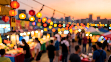 Fototapeta premium Night market festival atmosphere with colorful lanterns and warm urban bokeh
