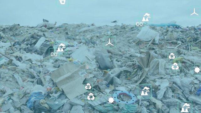 Landfill heap getting data overlay after sensor scan, icons highlighting carbon and recycling value