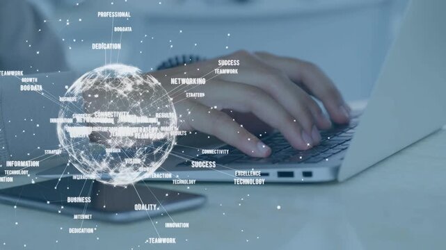 Hands typing on laptop, phone-triggered holo globe growing into tech network showing team quality