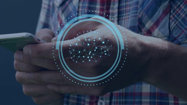 Adult male holding phone, tapping screen causing AI HUD pulsing, forming brain mesh and ending scan