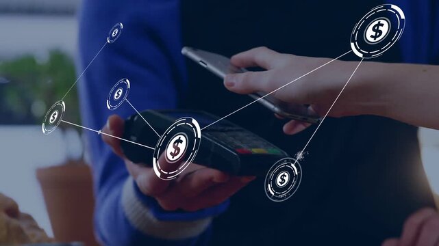 Buyer extending phone over POS staff steadying device dollar coins forming network showing payment