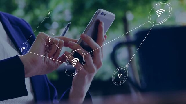 Woman tapping smartphone holding pen, causing wireless icons growing, linking, expanding for tech