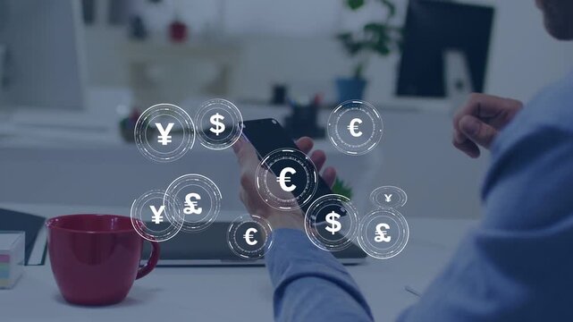 Office worker holding phone tapping, activating augmented currency symbols visualizing finance flow