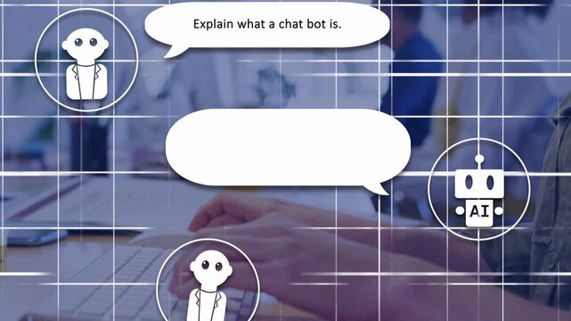 Hands typing on keyboard in office, sending request and activating AI avatar explaining chatbot