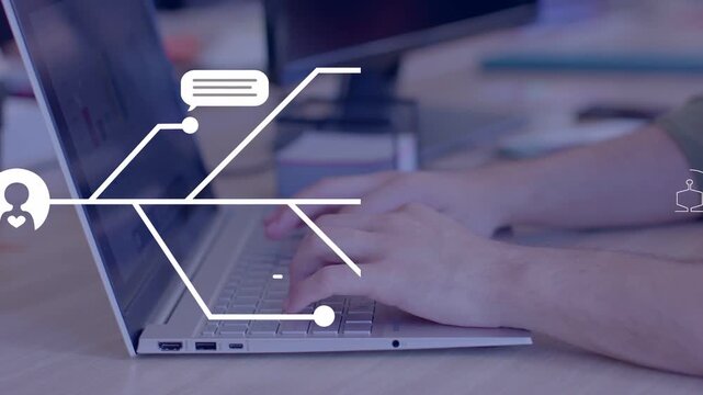 Male worker typing on laptop, initiating growing branching chat bubbles mapping tech communication