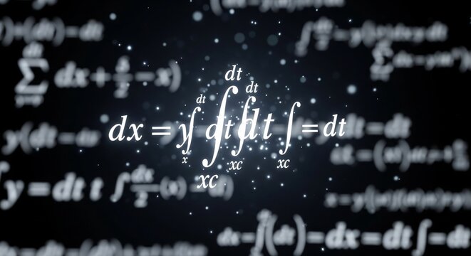 An abstract, deep black background with glowing white calculus integral symbols floating in a dynamic space