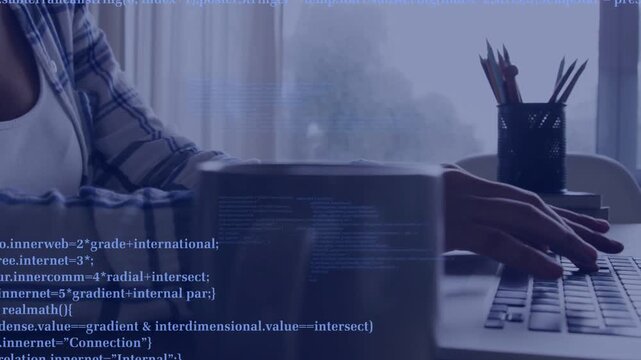 Woman typing on laptop at desk, animated code blocks scrolling over keyboard and mug for coding