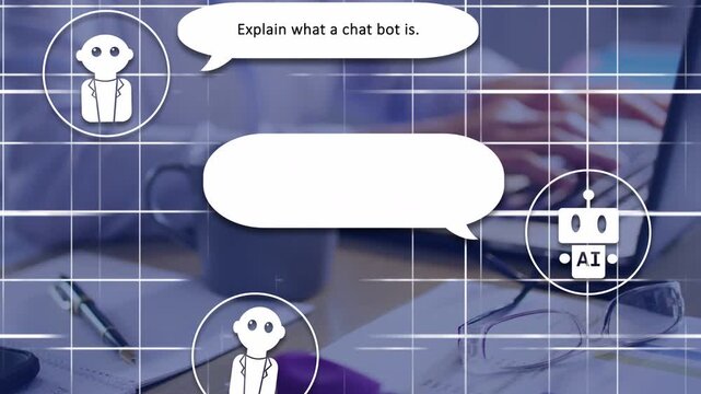 Hands typing, avatar issuing prompt on laptop, AI converting binary into chatbot explanation, mug