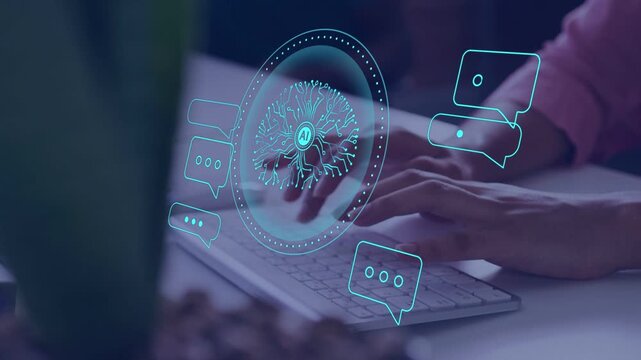 Woman placing hands, typing on keys, hologram AI emblem over keys showing ongoing chat bubbles