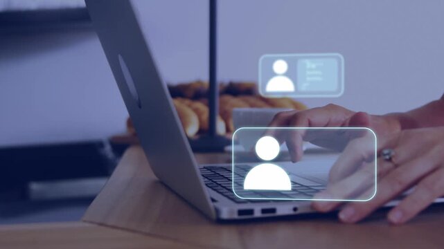 Faint profile icon brightening, user hands typing on laptop, overlays multiplying showing contacts