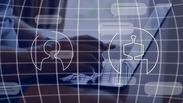 Hands typing on laptop starting grid curves and bubbles moving icons forming showing human-AI sync
