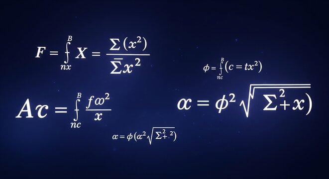 A deep blue chalkboard style background filled with glowing white handwritten mathematical equations and calculus formulas