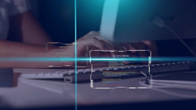 Mid-adult woman typing while editing code at desk, activating hologram UI panels and cyan crosshair