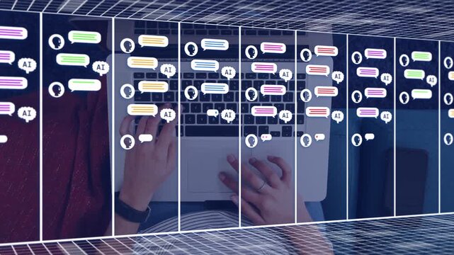 Woman typing on laptop top-down starting chat bubbles and AI labels multiplying in panels for tech