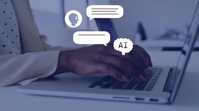 Office worker typing on laptop, animated AI speech bubbles growing above keyboard driving AI chat