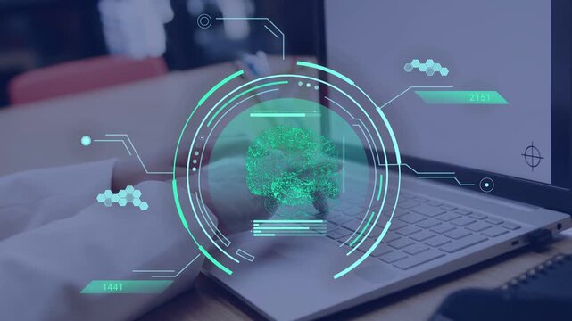 Woman placing hands on keyboard, typing and engaging teal holographic data cloud for tech analysis