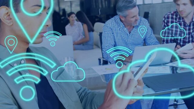 Left man bringing tablet, tapping, driving cloud and Wi?Fi icons pulsing over laptop for business