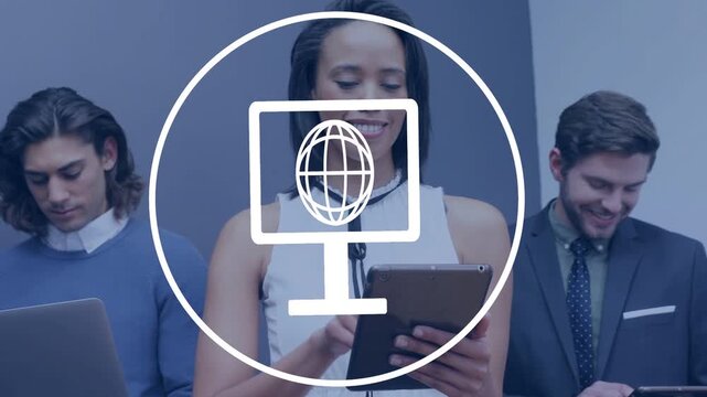 Team tapping tablets laptop white circle appearing rotating monitor-globe centering woman for promo